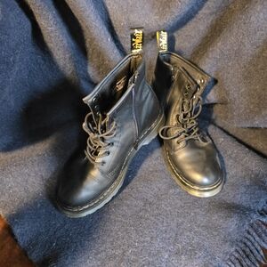 Dr. Martens Black Leather Boots with Yellow Welt Stitching